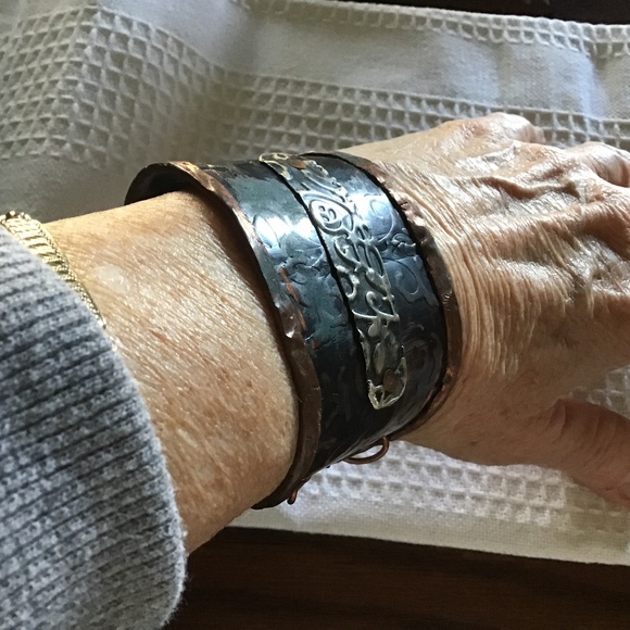 Forged Copper and Sterling Floral Cuff Bracelet - Picture 1 of 11